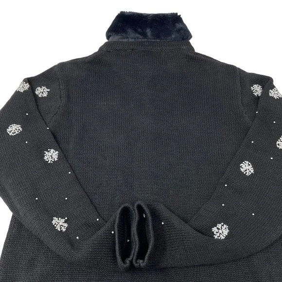 Victoria Jones Embellished Poinsettia Snow Flake Cardigan Removable Fur Collar M - Picture 11 of 14